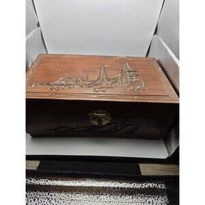 Vintage Chinese Wood Jewelry Box Brass Metal Accents Red Interior See Descriptio